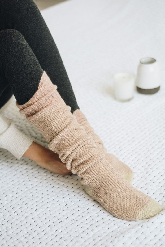 Leto Accessories knitted lounge socks in soft beige color, perfect for cozy indoor wear