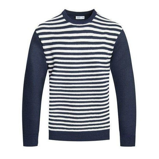 Knitted Round Neck Striped Sweater - VacationGrabs