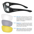 Black motorcycle goggles with clear, smoke, and yellow lenses for protection