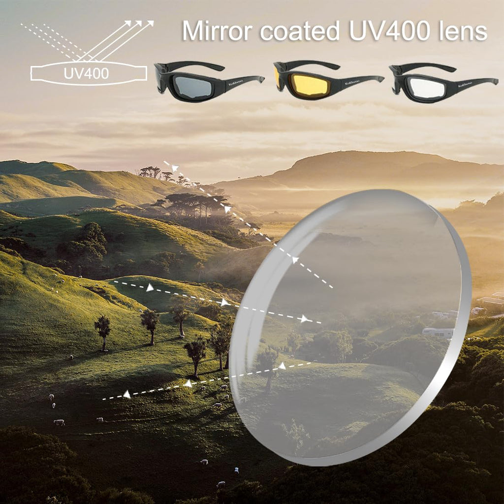Goggles for motorcycle with mirror coated UV400 lens for enhanced visibility