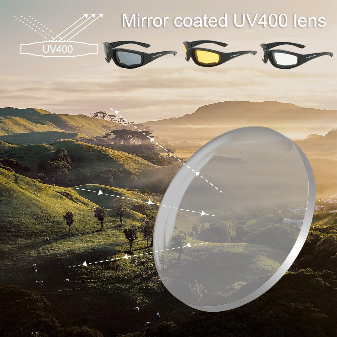 Goggles for motorcycle with mirror coated UV400 lens for enhanced visibility
