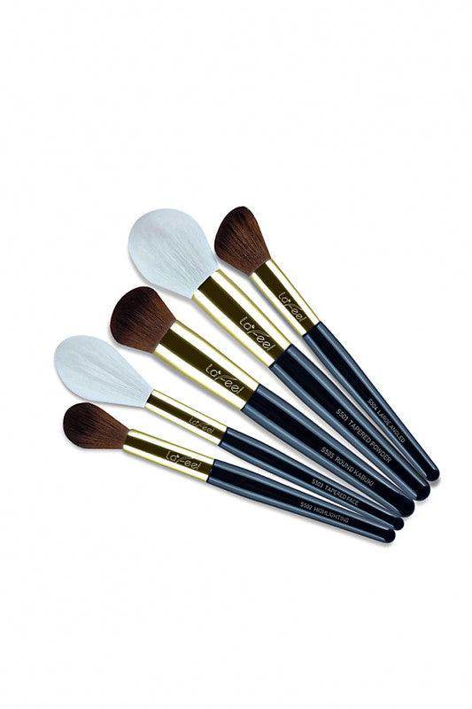 Sifides women's brush set with travel bag, featuring five elegant brushes for flawless makeup application.