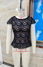 Women's lace black blouse with ruffled sleeves, perfect for stylish outings