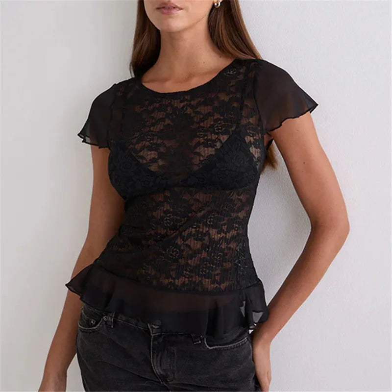 Lace black blouse with short sleeves for stylish casual wear