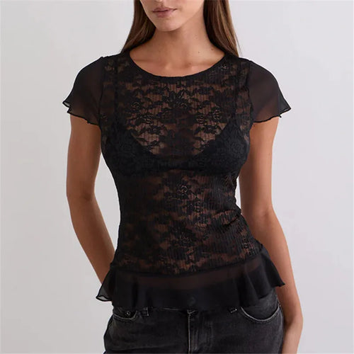 Women's lace black blouse, sheer fabric, perfect for casual outings