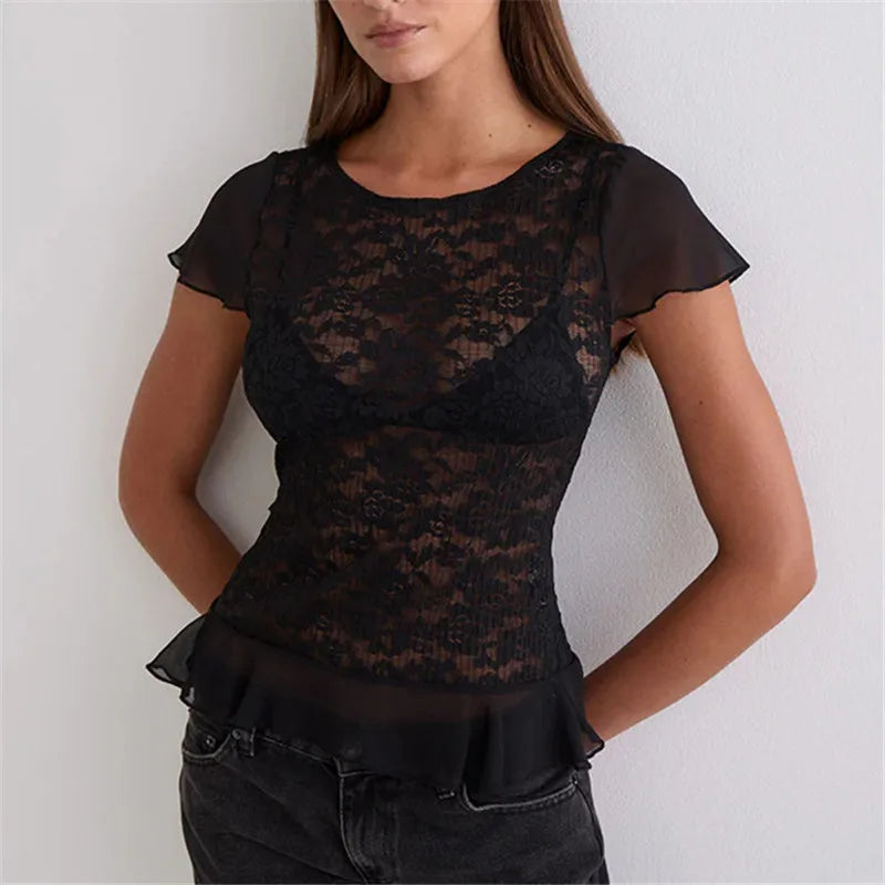 Lace black blouse for women with sheer sleeves, stylish and versatile