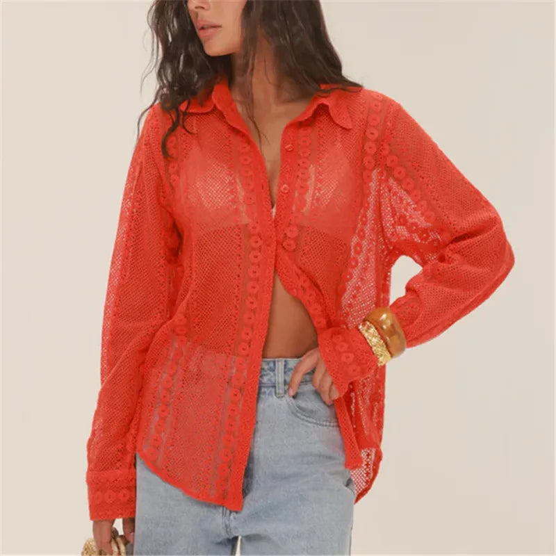 Lace black blouse for women, perfect for casual outings.