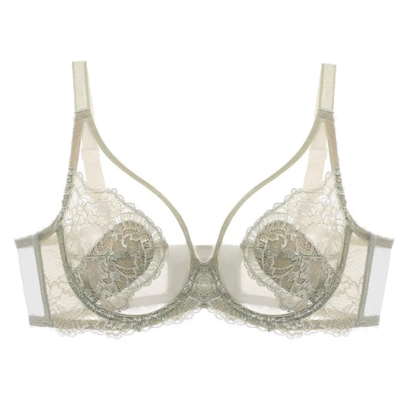 Women's lace bras in soft green with delicate floral design