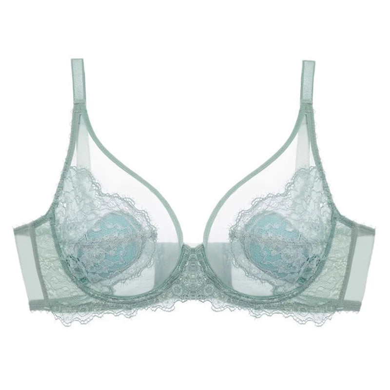 Mint lace bras with sheer fabric for elegant lingerie wear
