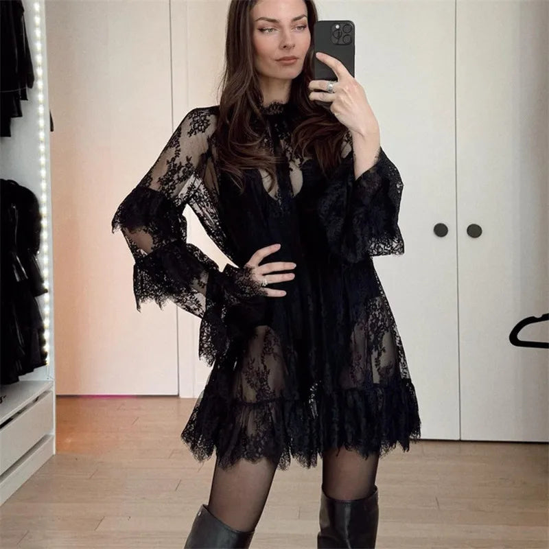 Women's black lace frock dress, perfect for casual outings