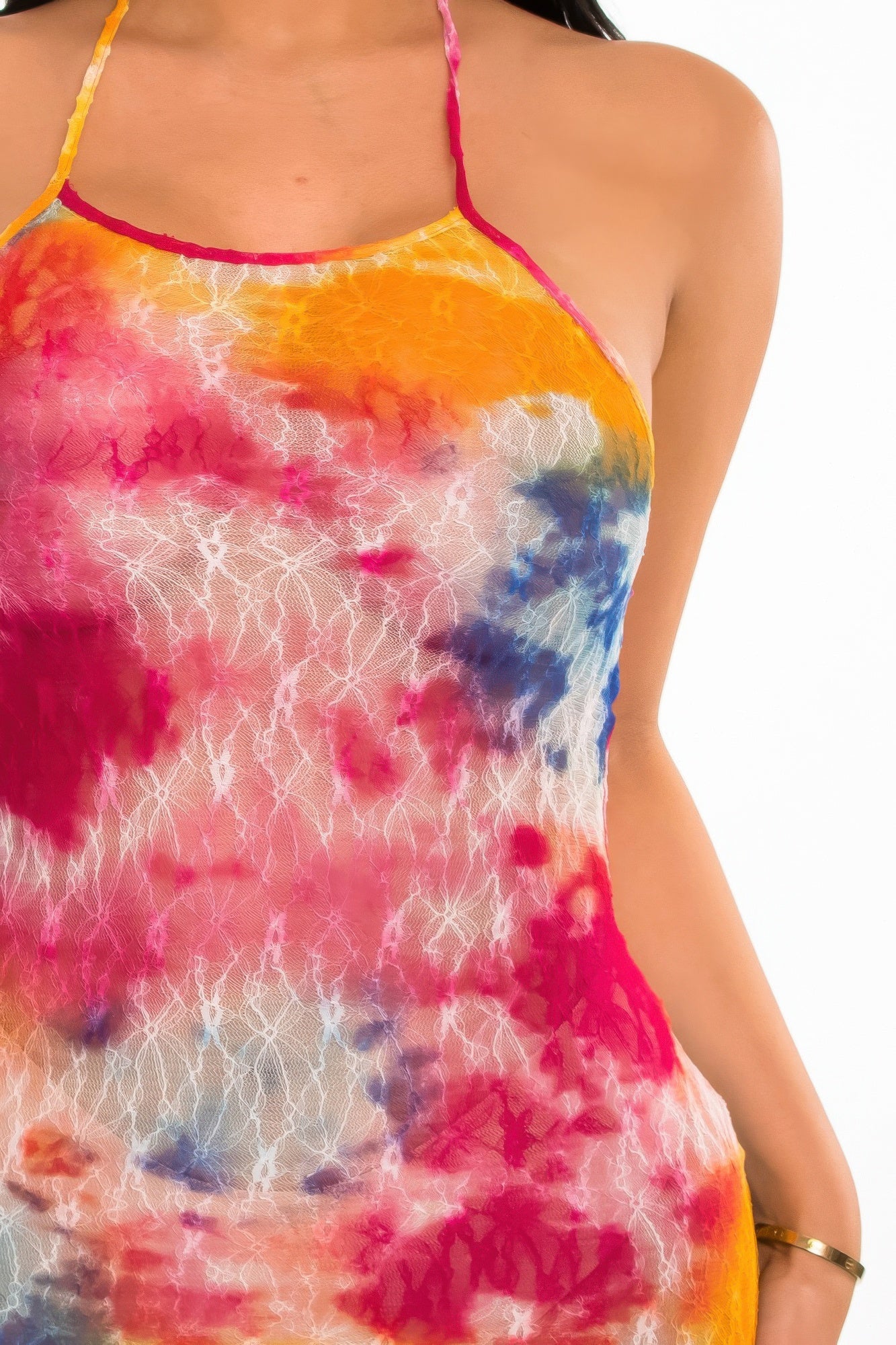 Lace frock dress in vibrant tie-dye colors, perfect for summer outings
