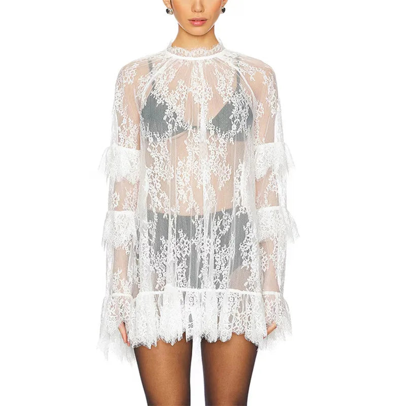 Women's lace frock dress in white, perfect for beach cover-up