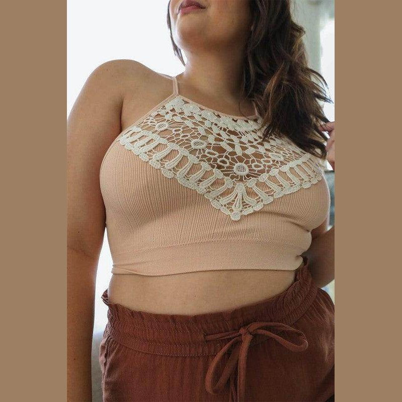 Leto Accessories lace high neck top women in beige with crochet detailing for a stylish summer look.
