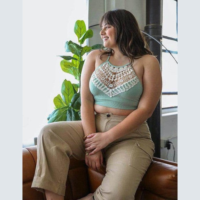Leto Accessories lace high neck top women in mint green with crochet detailing and a stylish fit