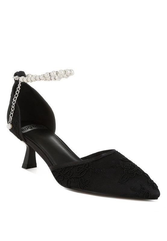 Black lace kitten heel sandals with jeweled ankle strap