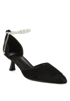 Black lace kitten heel sandals with jeweled ankle strap