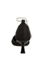 Women's black lace kitten heel sandals with elegant ankle strap.