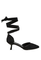 Women's black lace kitten heel sandals with ribbon ties for elegant looks
