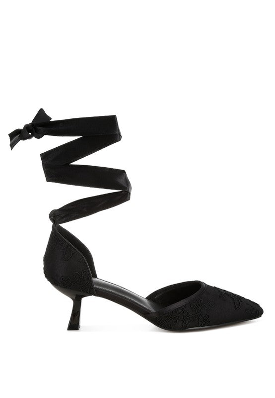 Women's black lace kitten heel sandals with ribbon ties for elegant looks