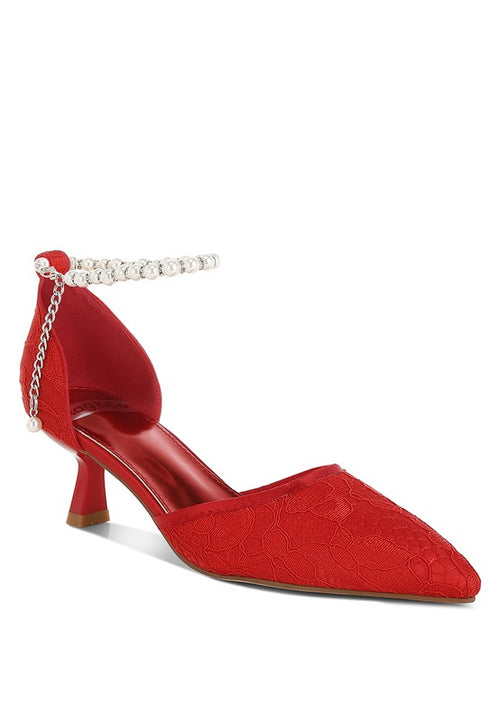 Red lace kitten heel sandals with ankle strap for elegant occasions