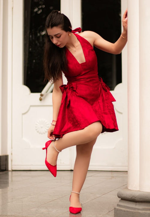Women's red lace kitten heel sandals, perfect for formal occasions