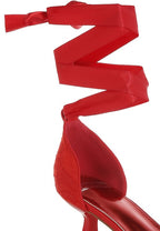 Women's red lace kitten heel sandals with ribbon straps for elegant occasions
