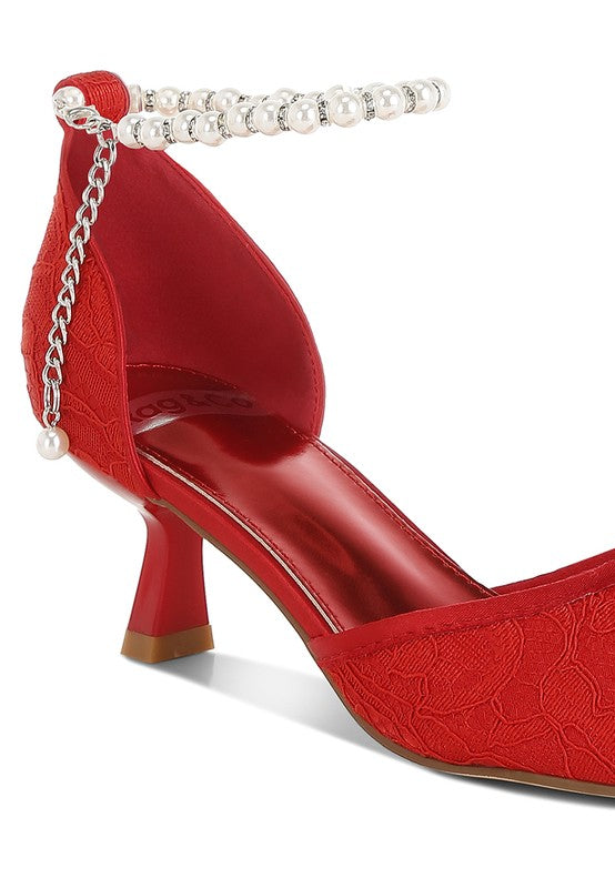red lace kitten heel sandals with decorative ankle chain for stylish outfits