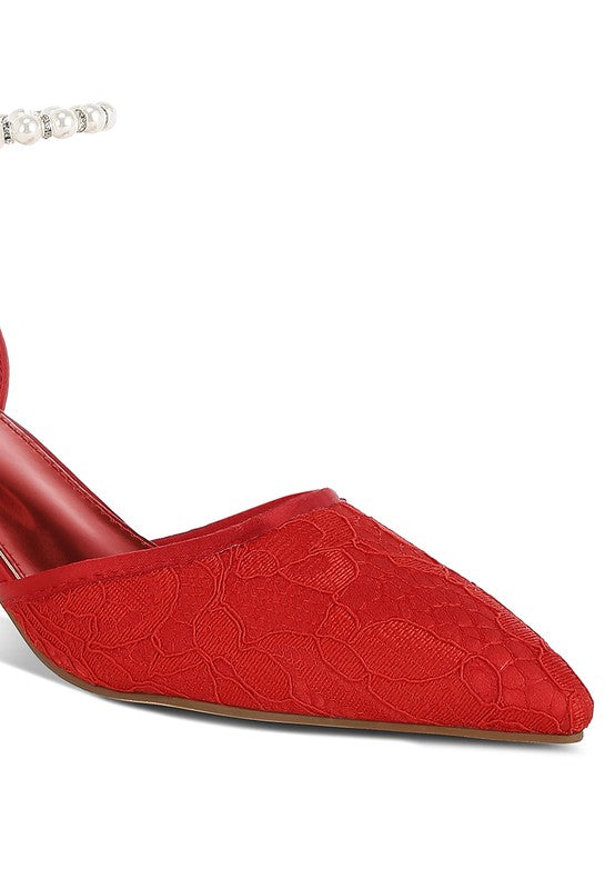 Women's red lace kitten heel sandals for elegant evenings