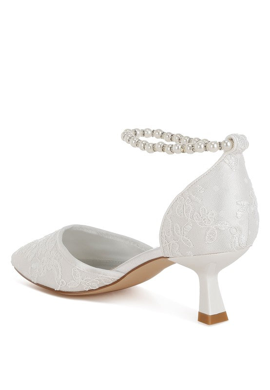 White lace kitten heel sandals with pearl ankle strap for elegant occasions