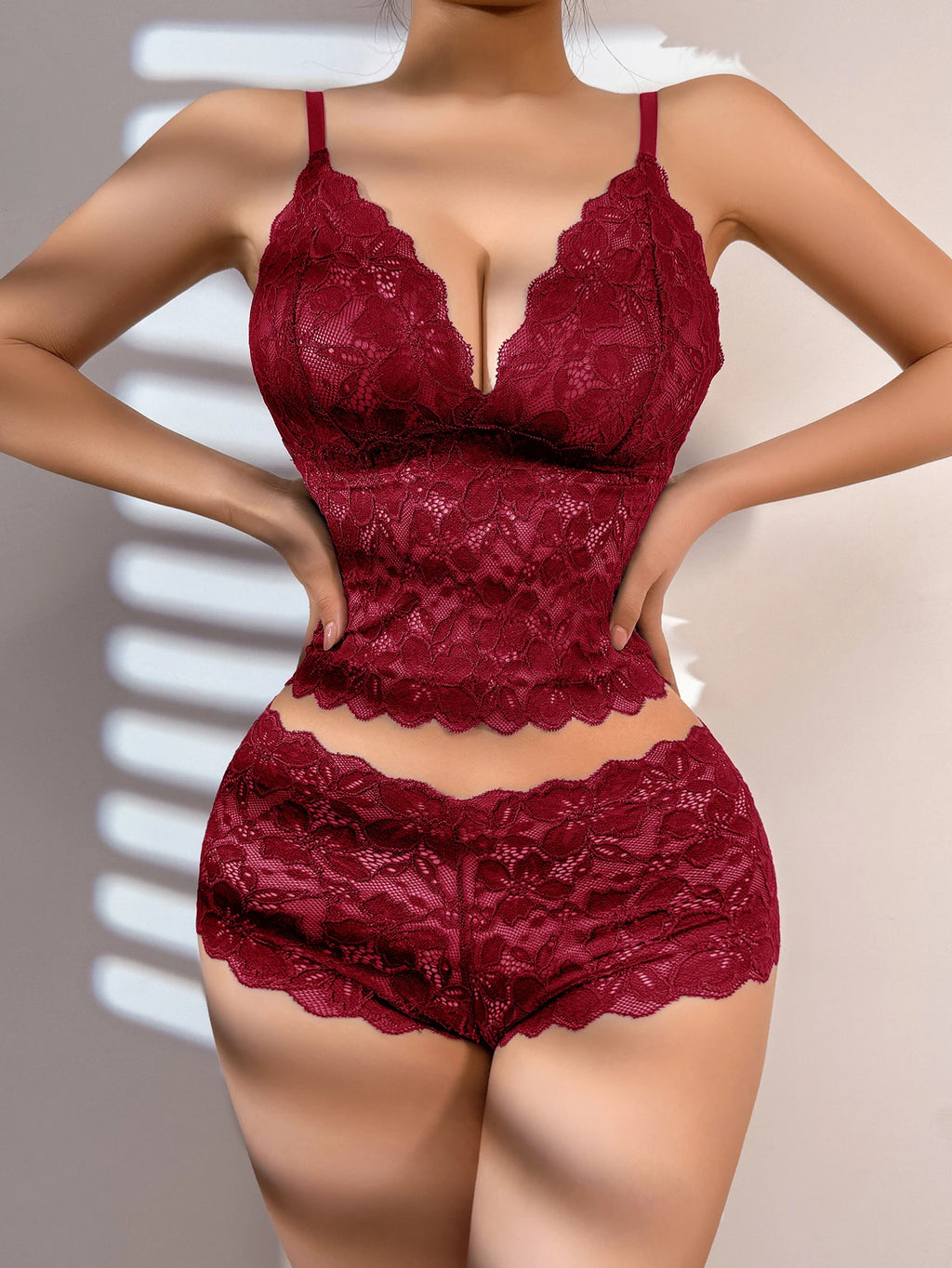 Women's burgundy lace lingerie set, elegant for special occasions