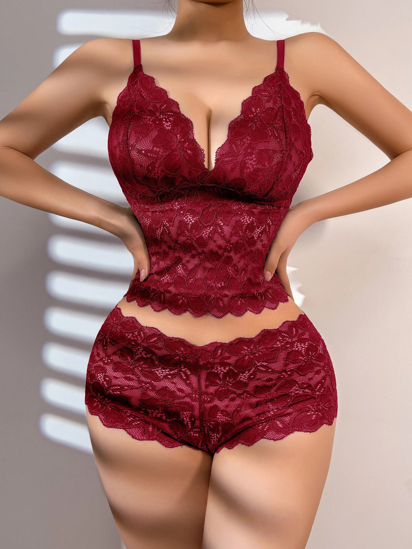 Women's burgundy lace lingerie set, elegant for special occasions