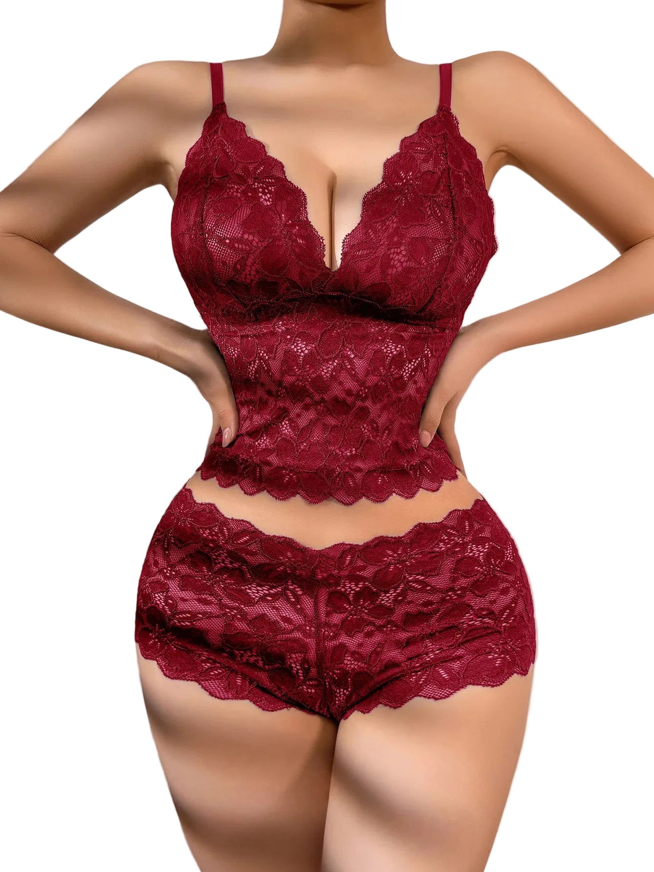 Women's burgundy lace lingerie set, elegant for special occasions