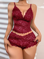 Burgundy lace lingerie set with soft cups and scalloped edges