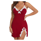 Red lace lingerie nightgown with adjustable straps and floral details