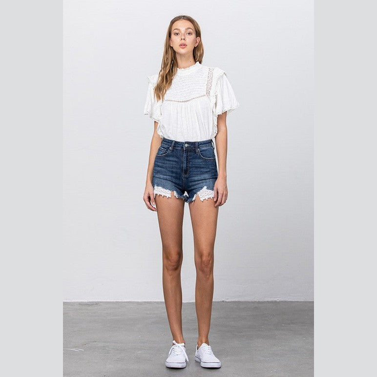 Insane Gene lace lining denim shorts in dark wash with frayed hem for stylish summer looks