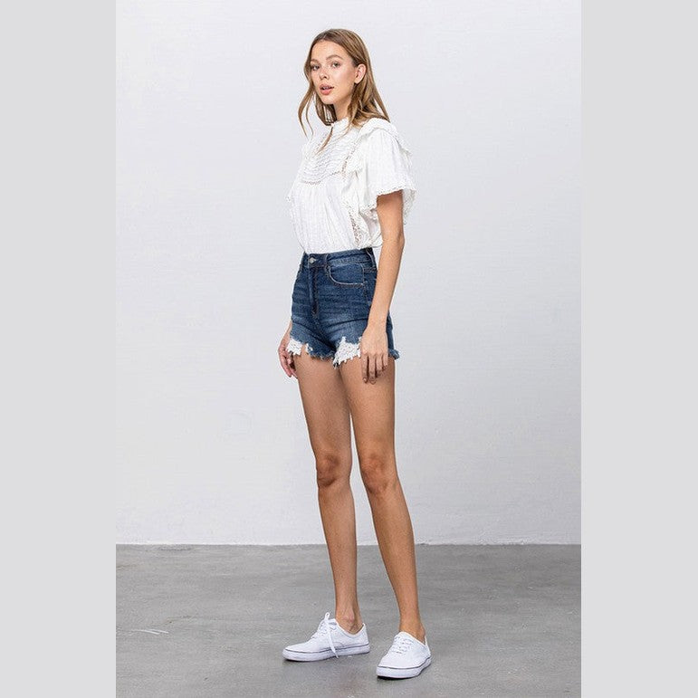 Women's lace lining denim shorts from Insane Gene with a stylish frayed hem and fitted design
