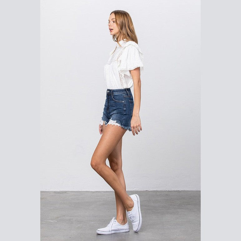 Insane Gene Women's Lace Lining Denim Shorts in Dark Wash with Frayed Hem for Casual Style