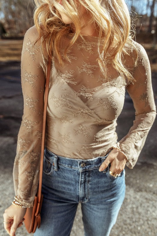 JUNIPER BLVD lace mesh crochet blouse in beige with long sleeves, styled with denim jeans