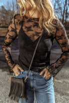 JUNIPER BLVD lace mesh crochet blouse in black with sheer sleeves and stylish detail