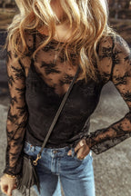 JUNIPER BLVD black lace mesh crochet blouse with elegant floral design and stylish long sleeves
