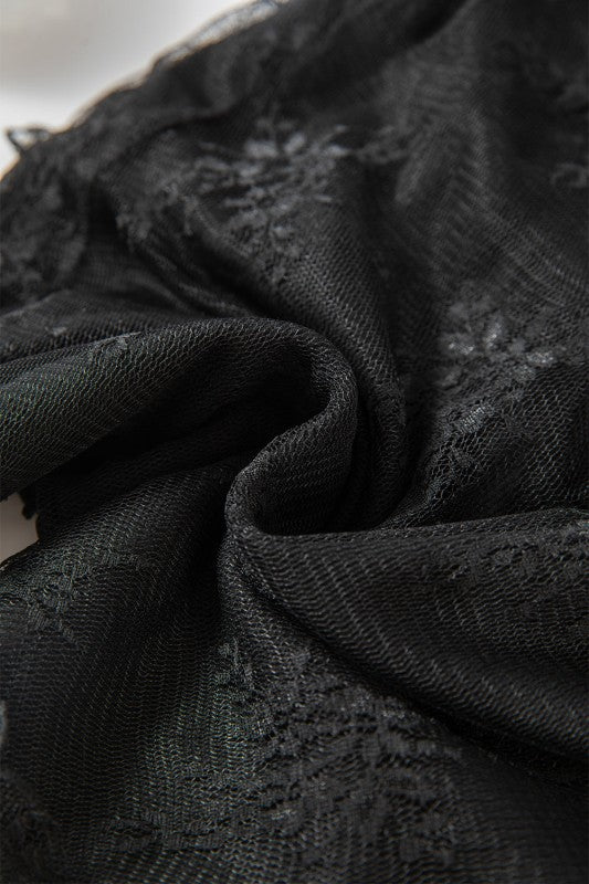 Black lace mesh crochet blouse with intricate floral patterns for a stylish women's top