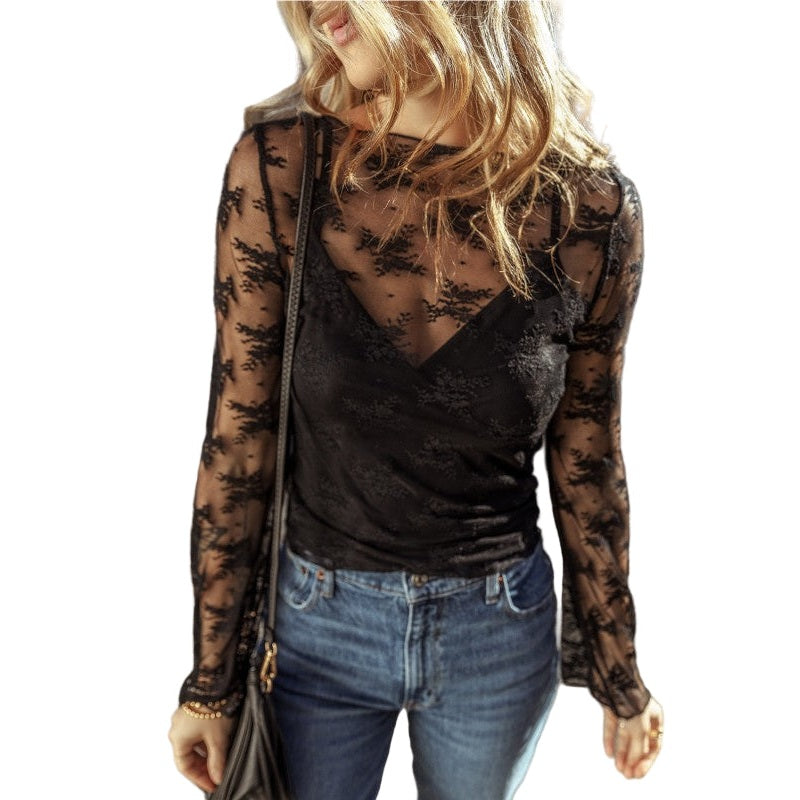 JUNIPER BLVD black lace mesh crochet blouse with long sleeves and stylish design