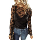 JUNIPER BLVD black lace mesh crochet blouse with long sleeves and stylish design