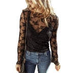 JUNIPER BLVD black lace mesh crochet blouse with long sleeves and stylish design