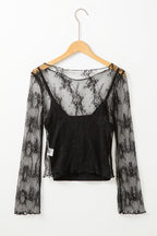 JUNIPER BLVD black lace mesh crochet blouse with long sleeves and delicate pattern