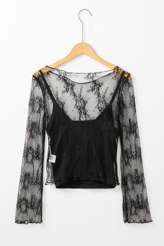 JUNIPER BLVD black lace mesh crochet blouse with long sleeves and delicate pattern
