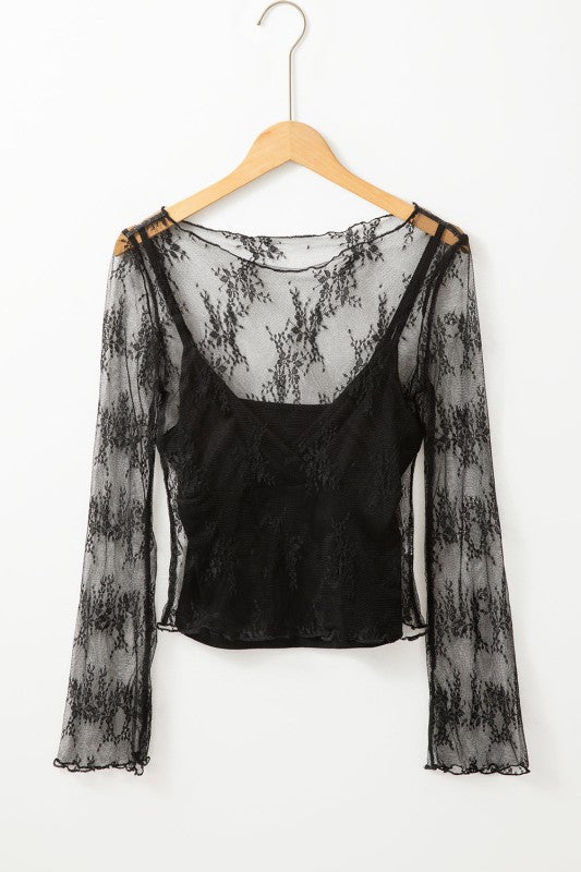 JUNIPER BLVD black lace mesh crochet blouse with long sleeves and a stylish design