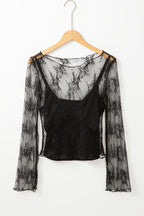 JUNIPER BLVD black lace mesh crochet blouse with long sleeves and a stylish design