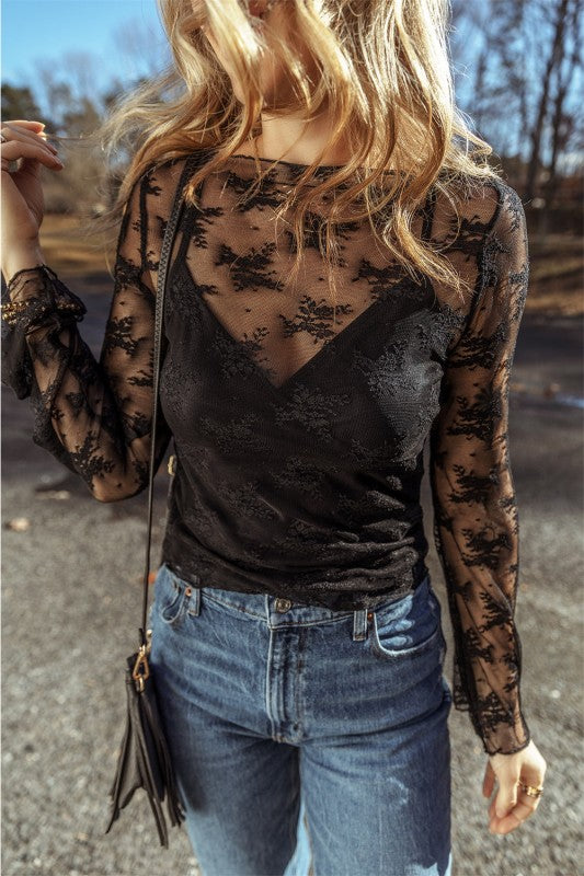 JUNIPER BLVD lace mesh crochet blouse with long sleeves and elegant floral design