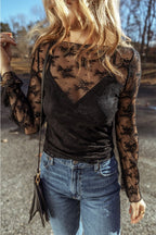 JUNIPER BLVD lace mesh crochet blouse with long sleeves and elegant floral design